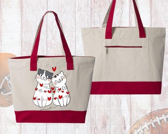Valentines Day Cat Tote Bag, Cute Love Cats Zippered Tote, Romantic Gift for Her, Couples Cat Bag, Anniversary Valentine Bag, Canvas Tote