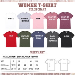 The image is a color chart for women's t-shirts, displaying various color options and corresponding sizes.