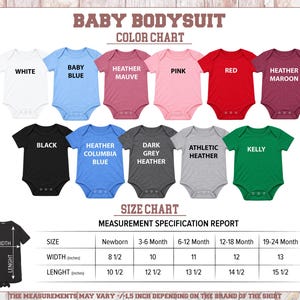 The image is a color chart for baby bodysuits, displaying various colors and corresponding measurements for different age groups.