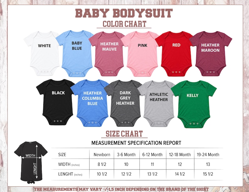 The image is a color chart for baby bodysuits, displaying various colors and corresponding measurements for different age groups.
