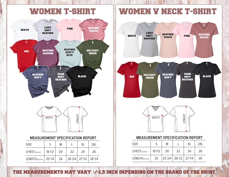 May include: A product image showcasing a variety of women's t-shirts and V-neck t-shirts in various colors, including white, pink, and black. The image also includes a measurement specification report with chest and length measurements in inches.
