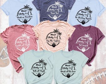 May include: A collection of eight short-sleeved crew neck t-shirts in various colors, each featuring a circular graphic with palm trees, a cruise ship, and the text Most Likely to followed by unique phrases like Work on Vacation.