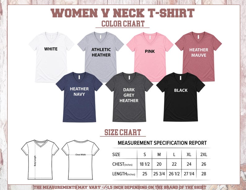a color chart and a size chart for women's neck t-shirts. The color chart shows the different color options available, while the size chart provides measurements for each color option. The measurements are based on chest width, chest length, and length. The image does not contain any text that is too long or too vague, and it does not describe each individual element. The image is a collage of multiple images, and the measurements may vary depending on the brand of the shirt.