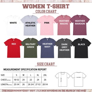 The image is a color chart for women's t-shirts, displaying various color options and corresponding sizes.
