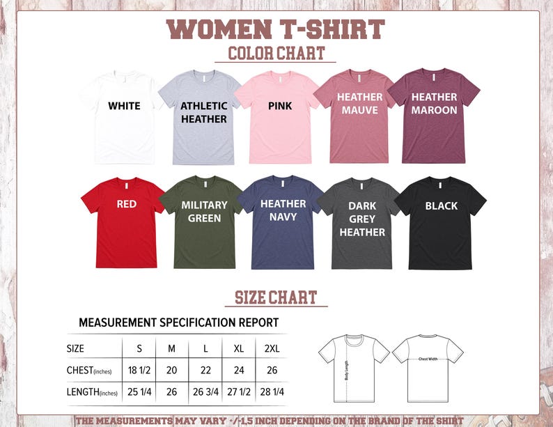 The image is a color chart for women's t-shirts, displaying various color options and corresponding sizes.