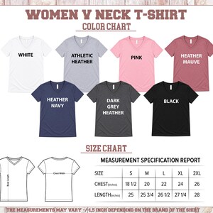 a color chart and a size chart for women's neck t-shirts. The color chart shows the different color options available, while the size chart provides measurements for each color option. The measurements are based on chest width, chest length, and length. The image does not contain any text that is too long or too vague, and it does not describe each individual element. The image is a collage of multiple images, and the measurements may vary depending on the brand of the shirt.
