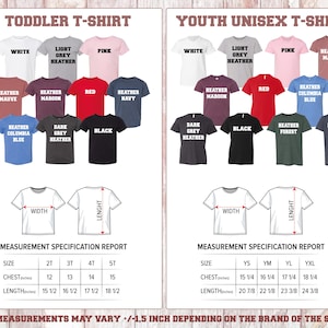 May include: Image of toddler and youth unisex t-shirts in various colors, including white, pink, and navy. The image includes a measurement specification report with chest and length measurements in inches.
