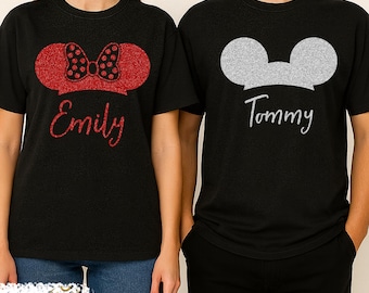 Sparkly Glitter Disney Mickey Minnie Ear Family Trip Shirt, Matching Disneyworld Tshirt, Custom Disney Vacation Shirts, Disneyland Group Tee
