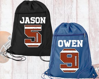 Personalized Football Drawstring Bag, Kids Sports Backpack, Custom Name & Number, Team Spirit Bag, Game Day Gift for Boys, Football Team Bag