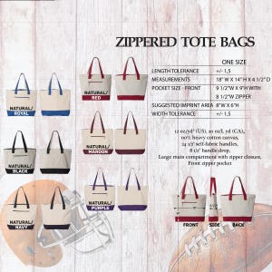 May include: A set of eight zippered tote bags in various colors. Each bag is made of natural canvas with a contrasting colored bottom. The bags are 18 inches wide by 14 inches high and 4.5 inches deep. The bags have a front zipper pocket and a suggested imprint area of 8 inches wide by 6 inches high.