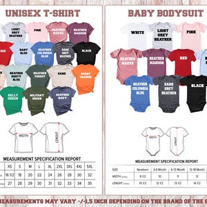 May include: A product image showcasing a variety of t-shirts and baby bodysuits in various colors. The image includes a size chart with chest and length measurements in inches for the t-shirts and width and length measurements in inches for the bodysuits.