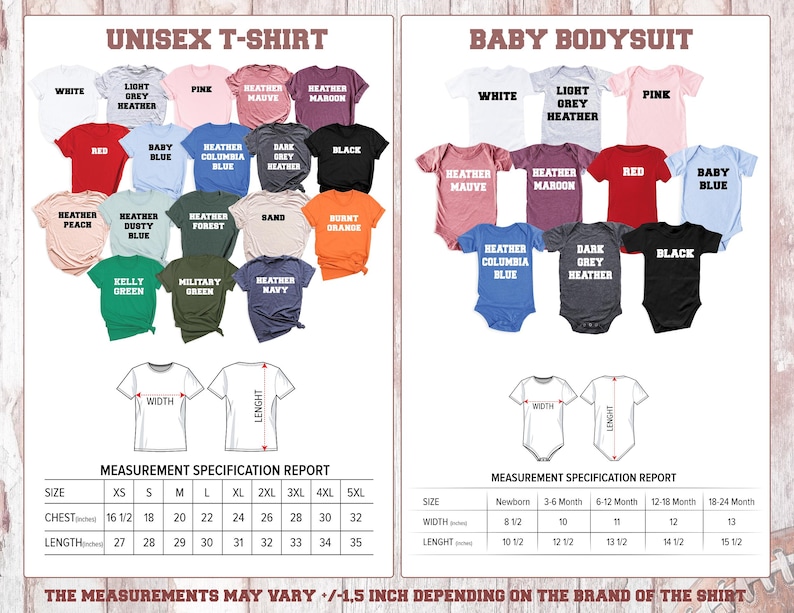 May include: A product image showcasing a variety of t-shirts and baby bodysuits in various colors. The image includes a size chart with chest and length measurements in inches for the t-shirts and width and length measurements in inches for the bodysuits.