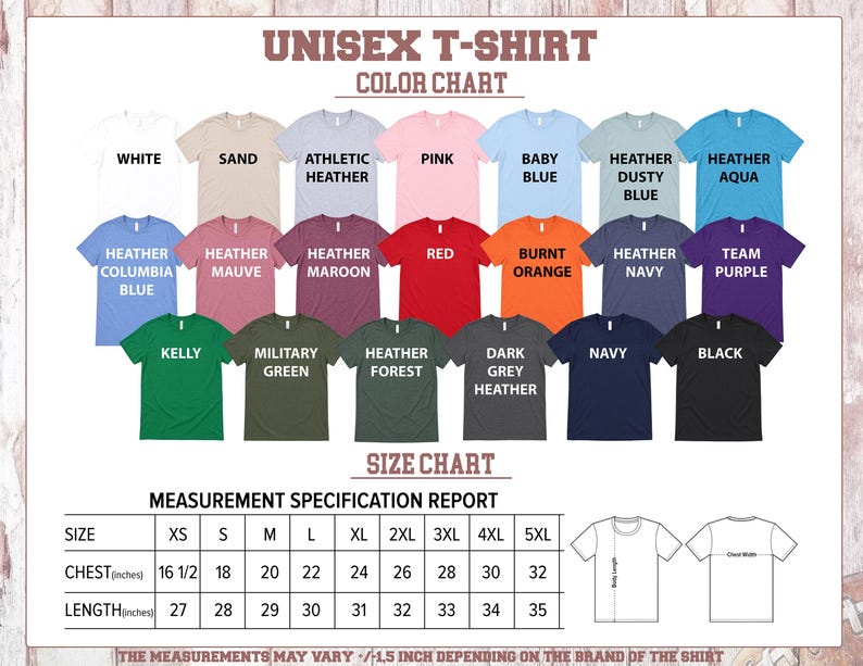 men's unisex t - shirt color chart