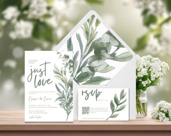 Suite de faire-part de mariage verdure avec code QR, invitez des invités à votre cérémonie décontractée avec un design simple, MTM-G4