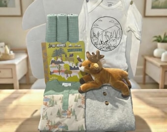 National Park Deer Baby Shower Gift Set | Woodland Onesie, Plush Deer, Book & More