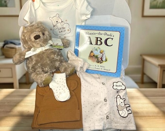 Classic Winnie the Pooh Baby Gift Box, Woodland ABC Book, Plush, Clothes Set
