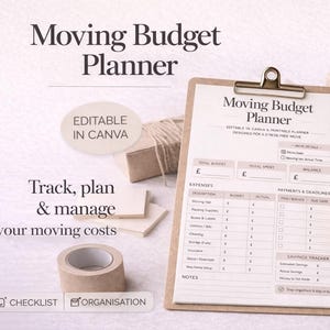 May include: A moving budget planner on a clipboard with a pen, calculator, and coins. The planner includes sections for expenses, payments, and savings. Text on the planner reads "Moving Budget Planner" and "Track, plan & manage your moving costs."