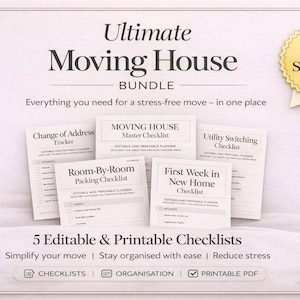 May include: A bundle of five editable and printable checklists for moving house, including a master checklist, room-by-room packing checklist, and utility switching checklist. The image includes the text "Ultimate Moving House Bundle" and "Best Seller".