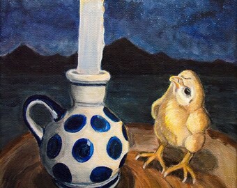 Polish Pottery Chicken Candle Art Print for Kitchen Maximalist style decor, Heather Sims, Size and Mat Option