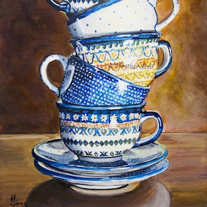 Boleslawiec Polish pottery mug, Coffee Kitchen decor, Rustic Kitchen Art Print, Stacked Teacups,  blue kitchen wall decor, size mat option