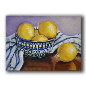 Boleslawiec pottery ,Still Life painting giclee, lemon print, blue and yellow,  Fine art print, SIMS,Size Mat option