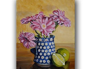 Polish Pottery blue kitchen decor wall art print, pottery mug with flowers and lime, still life art print, Kitchen art,  floral print