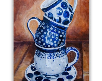 Boleslawiec Polish Pottery Bubble Mug, Polka Dots, Coffee Kitchen Decor Art Print, Stacked Teacups, Blue Kitchen Wall Decor, mat option