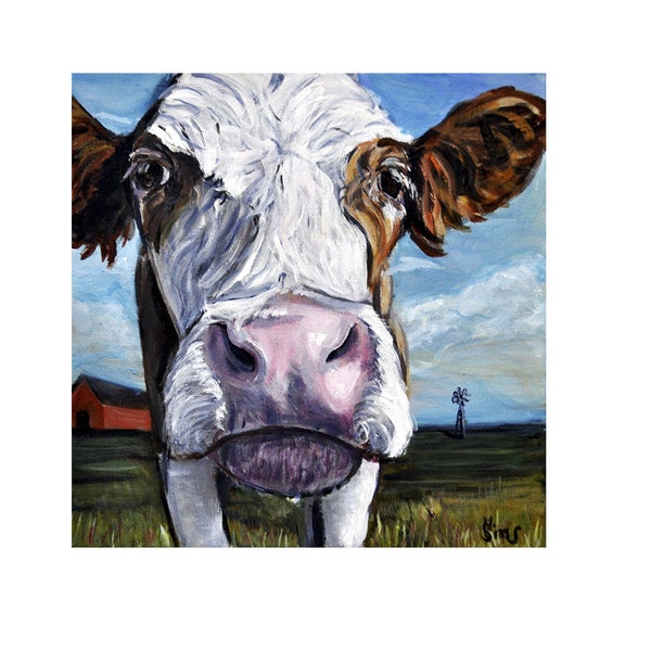 Modern Farmhouse Decor- Blue Cow Art Print, Cow Painting, Fixer Upper Wall Decor Art Giclee, Size and Matting options