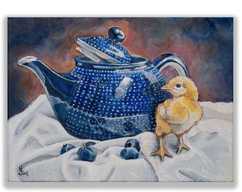 Polish Pottery Teapot Art Print Giclee, Rooster Kitchen Maximalist decor chicken prin, kitchen art, Heather Sims, Mat OPTION