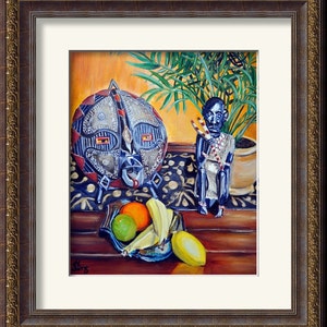 African Mask, Still Life Art Print, Fruit Still Life art, Colorful Art, African Inspired Giclee, Living Room Art Print , Mat OPTION image 2
