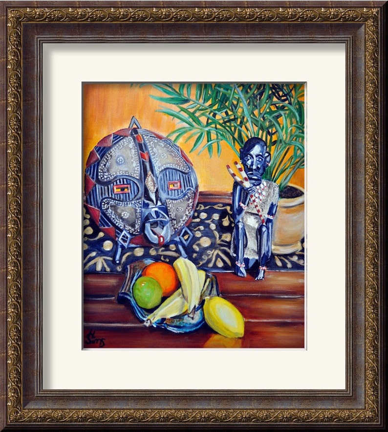 African Mask, Still Life Art Print, Fruit Still Life art, Colorful Art, African Inspired Giclee, Living Room Art Print , Mat OPTION image 2