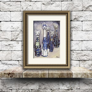 Polish Pottery Cat, still life art, cat print, giclee kitchen art print, Heather Sims, size and mat OPTION image 3