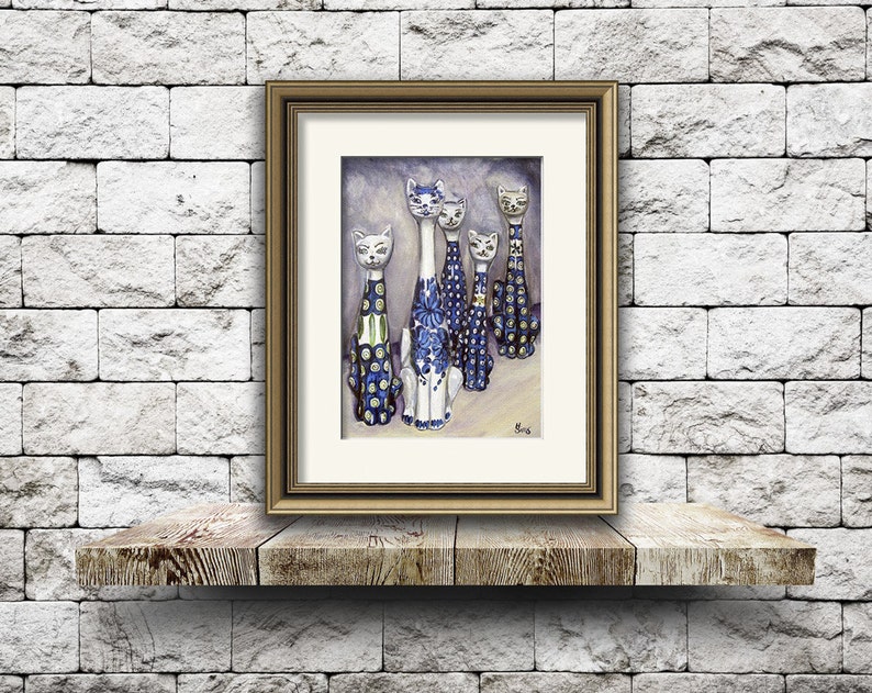 Polish Pottery Cat, still life art, cat print, giclee kitchen art print, Heather Sims, size and mat OPTION image 3