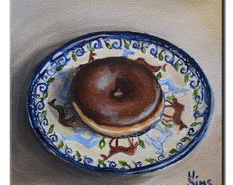 Donut art print , Polish pottery kitchen wall decor, food art, wall decor, chocolate doughnut print Heather Sims mat option