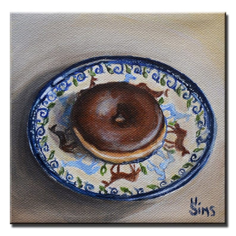 Donut art print , Polish pottery kitchen wall decor, food art, wall decor, chocolate doughnut print Heather Sims mat option image 1