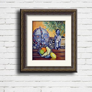 African Mask, Still Life Art Print, Fruit Still Life art, Colorful Art, African Inspired Giclee, Living Room Art Print , Mat OPTION image 4