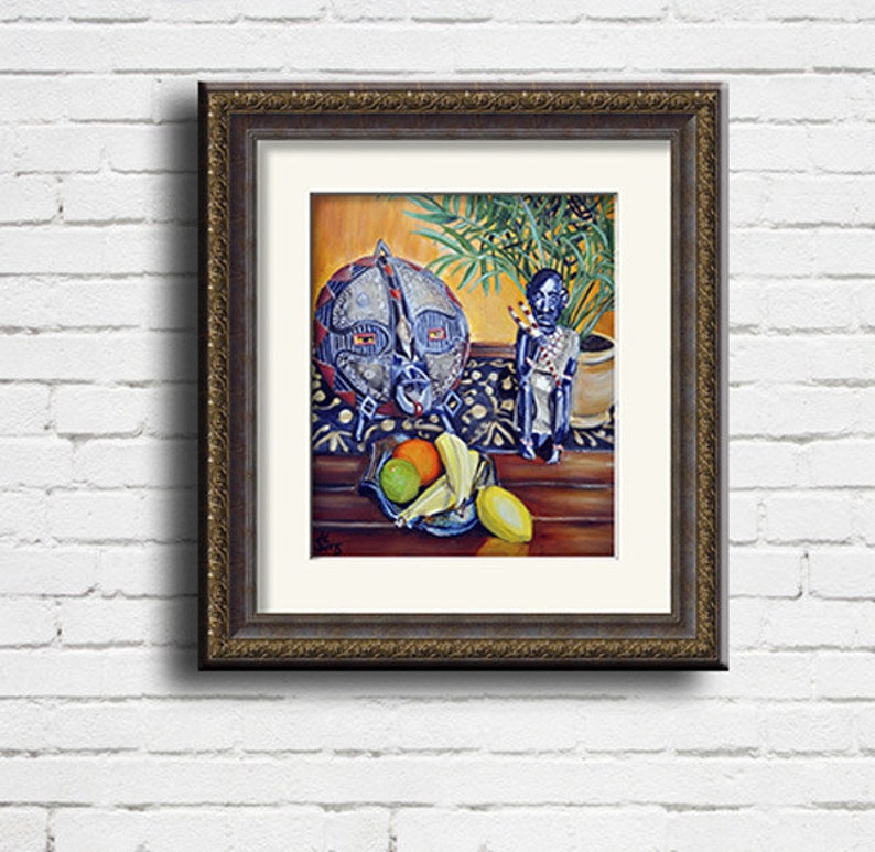 African Mask, Still Life Art Print, Fruit Still Life art, Colorful Art, African Inspired Giclee, Living Room Art Print , Mat OPTION image 4