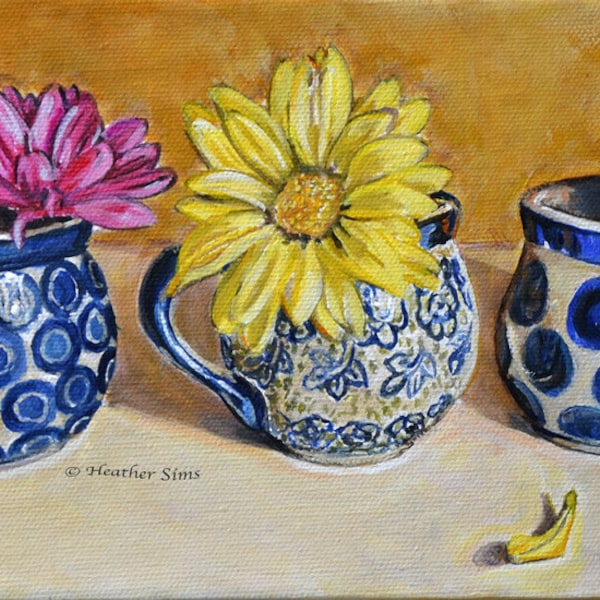 Polish pottery kitchen art print, pottery mug, floral still life art,colorful art, floral print, Kitchen wall art flowers, mat option yellow