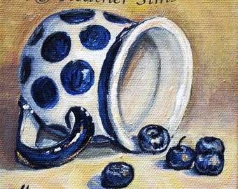 Polish pottery mug rustic kitchen wall decor, blueberries still life art giclee print, kitchen art print, polka dot giclee art, mat OPTION