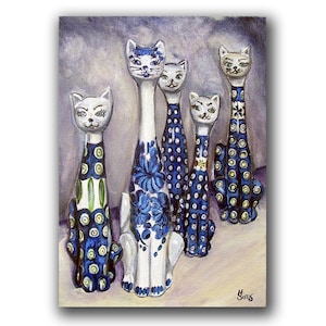 Polish Pottery Cat, still life art, cat print, giclee kitchen art print, Heather Sims, size and mat OPTION image 1