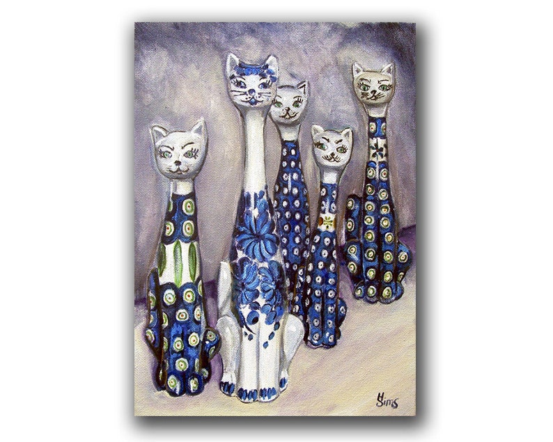 Polish Pottery Cat, still life art, cat print, giclee kitchen art print, Heather Sims, size and mat OPTION image 1