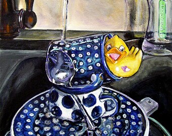 Polish Pottery mug, kitchen dishes , Boleslawiec pottery, Sink still life art series ,kitchen art print, kitchen wall art, Heather Sims