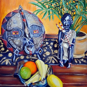 African Mask, Still Life Art Print, Fruit Still Life art, Colorful Art, African Inspired Giclee, Living Room Art Print , Mat OPTION image 1