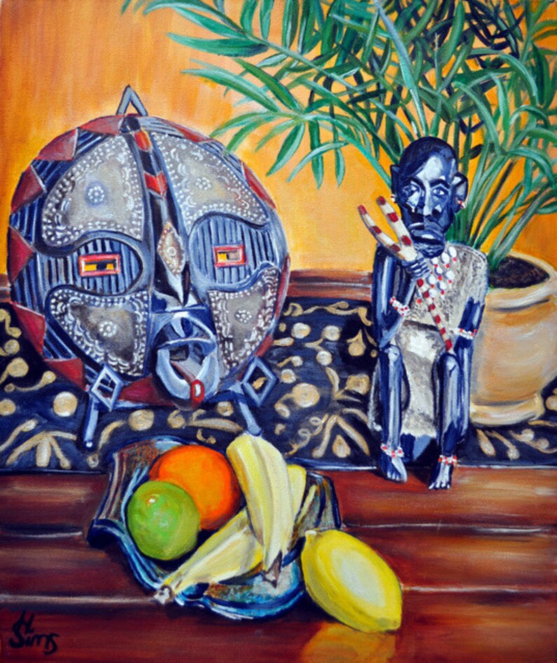 African Mask, Still Life Art Print, Fruit Still Life art, Colorful Art, African Inspired Giclee, Living Room Art Print , Mat OPTION image 1