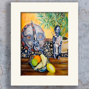 African Mask, Still Life Art Print, Fruit Still Life art, Colorful Art, African Inspired Giclee, Living Room Art Print , Mat OPTION image 3