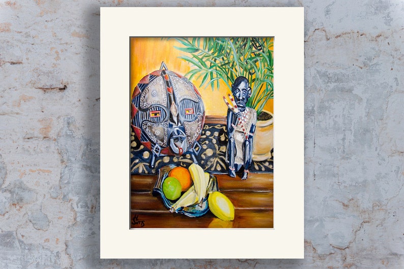 African Mask, Still Life Art Print, Fruit Still Life art, Colorful Art, African Inspired Giclee, Living Room Art Print , Mat OPTION image 3
