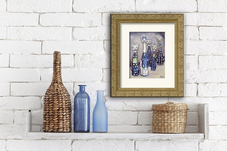 Polish Pottery Cat, still life art, cat print, giclee kitchen art print, Heather Sims, size and mat OPTION image 2