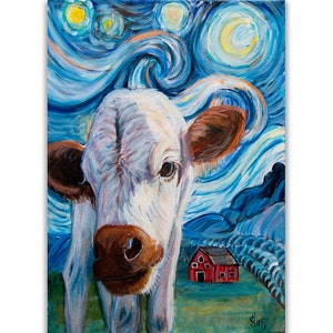 Cow Fine Art Print for Farmhouse Gallery Wall, Whimsical Magical Night Landscape