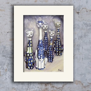 Polish Pottery Cat, still life art, cat print, giclee kitchen art print, Heather Sims, size and mat OPTION image 7