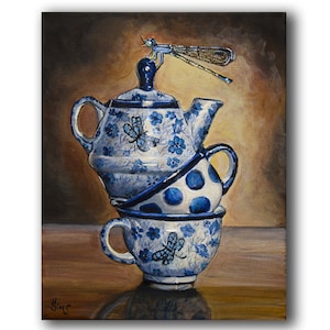 Boleslawiec Polish Pottery Dragonfly Stacked Teacup Wall Art Print, Coffee Kitchen Decor Giclee, Rustic Farmhouse Heather Sims